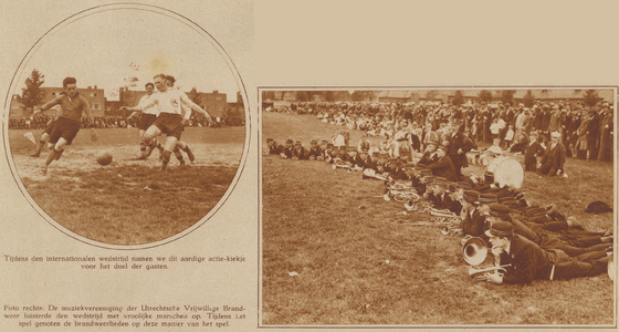 873593 Collage van 2 foto's betreffende de vriendschappelijke voetbalwedstrijd tussen Holland (Utrecht) en de Duitse ...